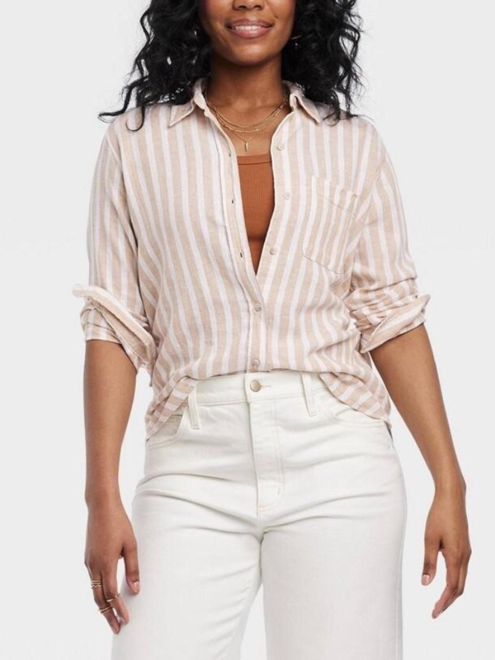 Tan & White Striped Linen-Blend Relaxed Fit Button-Down Shirt | XXL